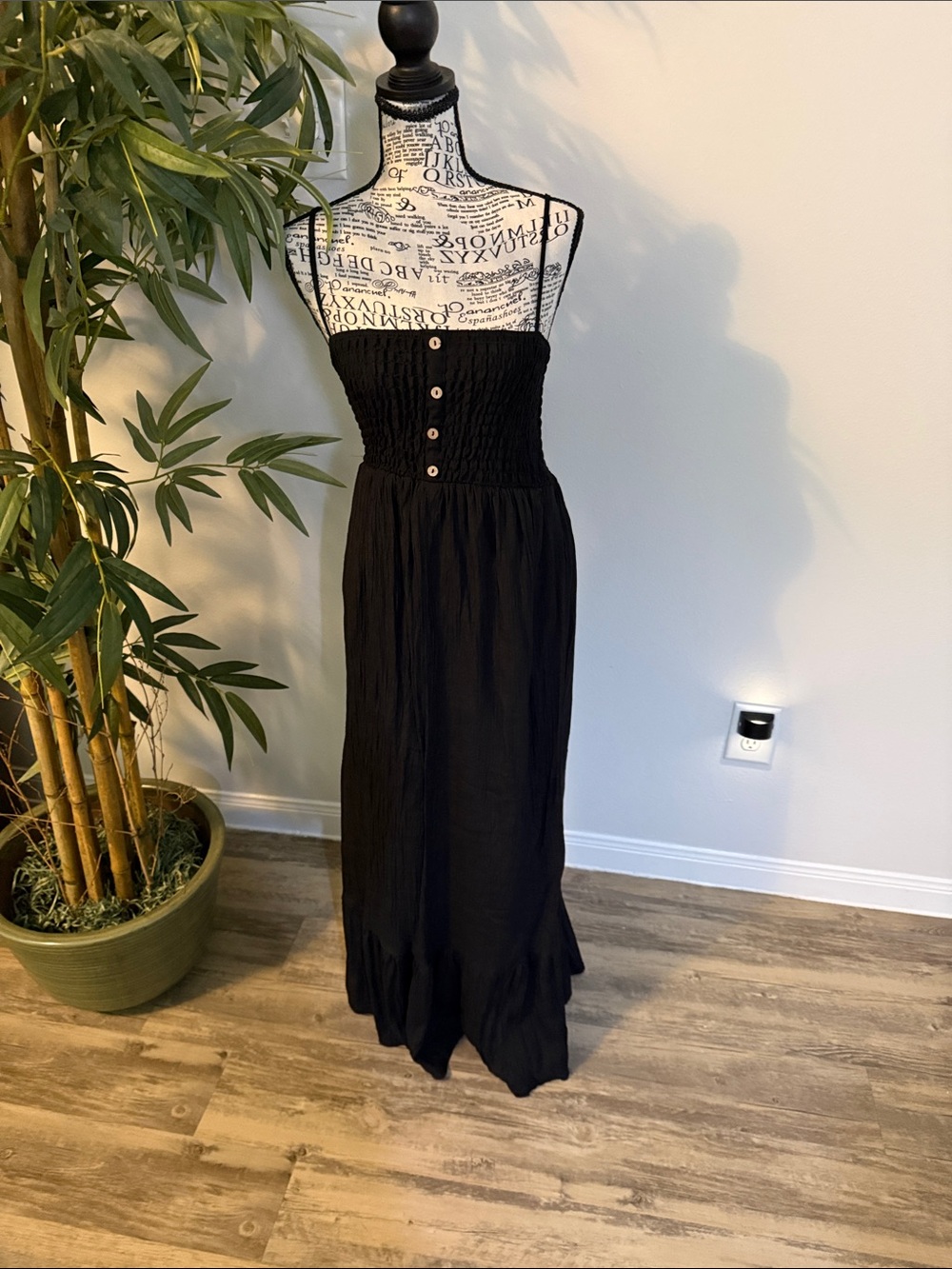 Black Smocked Maxi Dress with Button Front